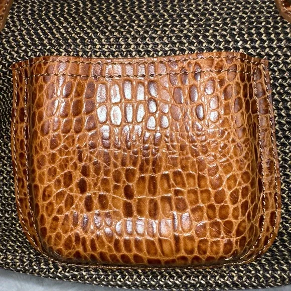 Eric Javits Woven Tote Bag Brown Tan Crocodile Trim Top Handle - Picture 6 of 11